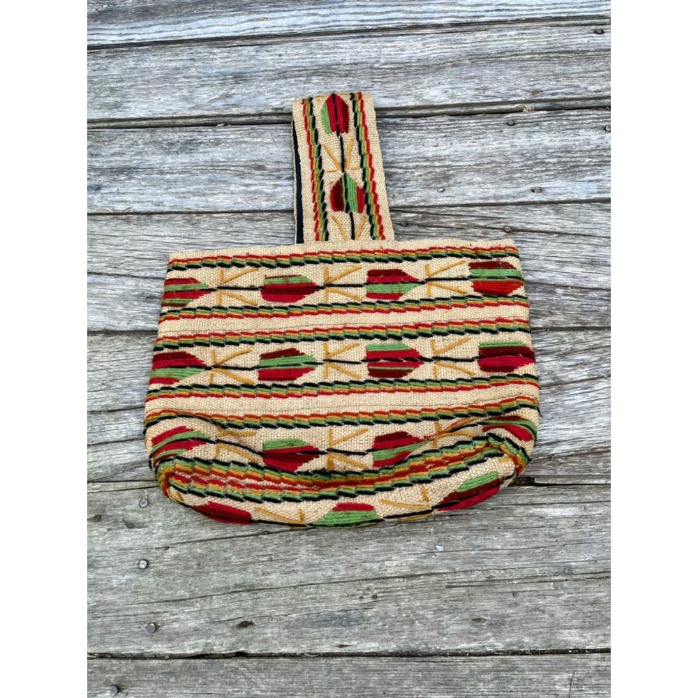 Vintage 1970s Burlap wool Embroidery Tote Bag  Boho Hippy